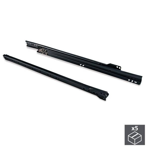 Emuca Juego de guías de ruedas para cajones, cierre con caída, 250 mm, extracción parcial, Negro, 5 ud.