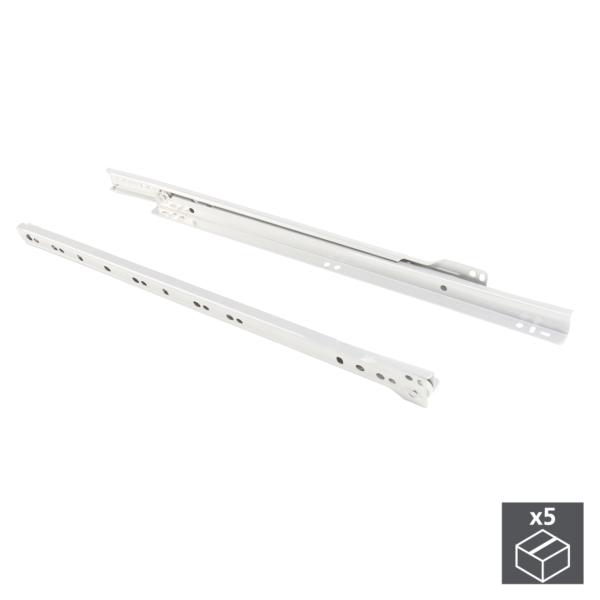 Emuca Juego de guías de ruedas para cajones, cierre con caída, 600 mm, extracción parcial, Blanco 5 ud.