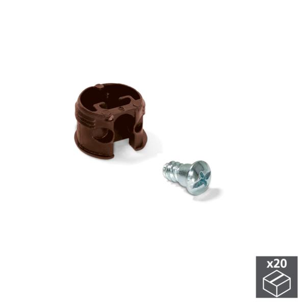 Emuca Enganche de unión para estantes, D. 20 mm, 13 mm, + Pernos D. 4,2 mm, Plástico y acero, Marrón, 20 ud.
