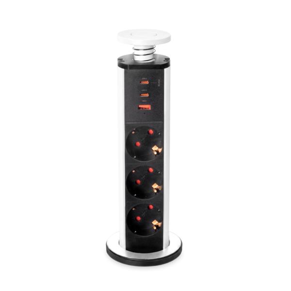 Emuca Multiconector extraíble Vertikal, 3 enchufes tipo Schuko, 1 USB tipo A, 2 USB tipo C, Plástico y Aluminio, Pintado blanco