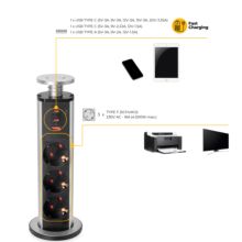 Emuca Multiconnecteur élevable Vertikal, 3 prises de type Schuko, 1 port USB de type A, 2 ports USB de type C, Plastique et Aluminium, Peint en noir - Item6