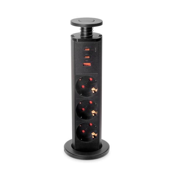 Emuca Multiconnecteur élevable Vertikal, 3 prises de type Schuko, 1 port USB de type A, 2 ports USB de type C, Plastique et Aluminium, Peint en noir