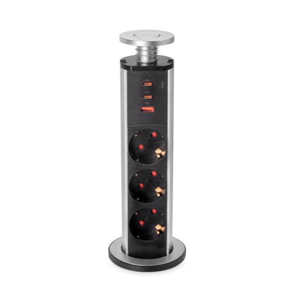 Emuca Multiconector extraíble Vertikal, 3 enchufes tipo Schuko, 1 USB tipo A, 2 USB tipo C, Plástico y Aluminio, Gris metalizado