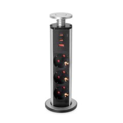 Emuca Multiconector extraíble Vertikal, 3 enchufes tipo Schuko, 1 USB tipo A, 2 USB tipo C, Plástico y Aluminio, Gris metalizado