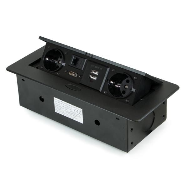 Emuca Multiconector de mesa, 2 USB +1 HDMI + 2 enchufes EU, 265x120 mm, Acero y aluminio, Negro