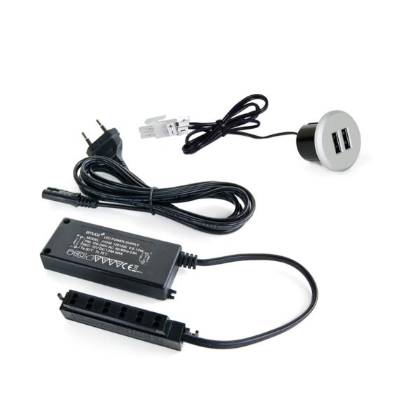 Emuca Kit de Plugy de connecteurs de charge USB, y compris convertisseur et 2 USB type A, diamètre 25mm, Plastique, Gris métallisé, pour montage encastré dans le mobilier