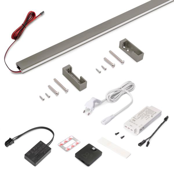 Emuca Kit de barra para armario Luxe, tira LED 4,5x8 Neonlynx V, sensor de movimiento RF Smart y convertidor Smart (24V DC), longitud 900mm, Luz blanca cálida 2.700K, Plástico y Aluminio, Titanio