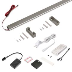 Emuca Kit de barra para armario Luxe, tira LED 4,5x8 Neonlynx V, sensor de movimiento RF Smart y convertidor Smart (24V DC), longitud 900mm, Luz blanca cálida 2.700K, Plástico y Aluminio, Titanio