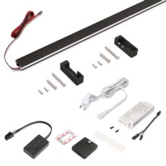 Emuca Kit de barra para armario Luxe, tira LED 4,5x8 Neonlynx V, sensor de movimiento RF Smart y convertidor Smart (24V DC), longitud 900mm, Luz blanca cálida 2.700K, Plástico y Aluminio, Pintado negro texturizado