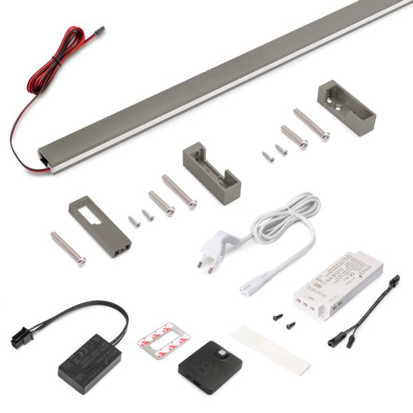 Emuca Kit de barra para armario Luxe, tira LED 4,5x8 Neonlynx V, sensor de movimiento RF Smart y convertidor Smart (24V DC), longitud 1.150mm, Luz blanca cálida 2.700K, Plástico y Aluminio, Titanio