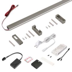 Emuca Kit de barra para armario Luxe, tira LED 4,5x8 Neonlynx V, sensor de movimiento RF Smart y convertidor Smart (24V DC), longitud 1.150mm, Luz blanca cálida 2.700K, Plástico y Aluminio, Titanio