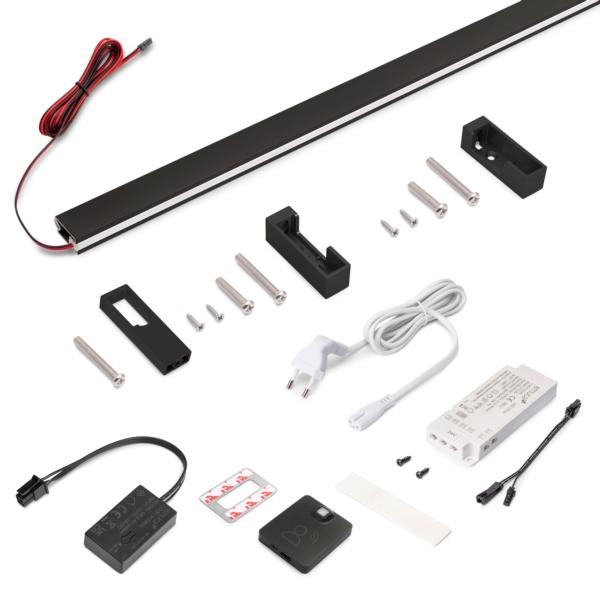 Emuca Kit de barra para armario Luxe, tira LED 4,5x8 Neonlynx V, sensor de movimiento RF Smart y convertidor Smart (24V DC), longitud 1.150mm, Luz blanca cálida 2.700K, Plástico y Aluminio, Pintado negro texturizado