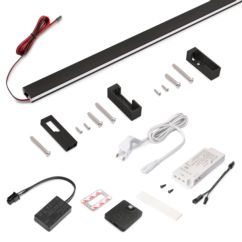 Emuca Kit de barra para armario Luxe, tira LED 4,5x8 Neonlynx V, sensor de movimiento RF Smart y convertidor Smart (24V DC), longitud 1.150mm, Luz blanca cálida 2.700K, Plástico y Aluminio, Pintado negro texturizado