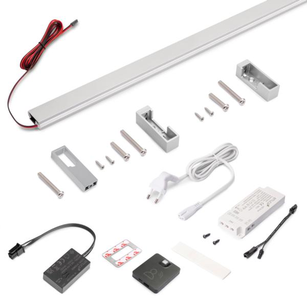 Emuca Kit de barra para armario Luxe, tira LED 4,5x8 Neonlynx V, sensor de movimiento RF Smart y convertidor Smart (24V DC), longitud 1.150mm, Luz blanca cálida 2.700K, Plástico y Aluminio, Anodizado mate