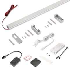 Emuca Kit de barra para armario Luxe, tira LED 4,5x8 Neonlynx V, sensor de movimiento RF Smart y convertidor Smart (24V DC), longitud 1.150mm, Luz blanca cálida 2.700K, Plástico y Aluminio, Anodizado mate