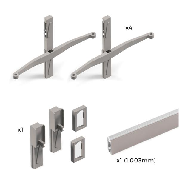 Emuca Kit de fixation pour 4 étagères en bois et 1 tringle de suspension de 1m de long Zero, Aluminium et Zamak et Plastique, Peint gris pierre