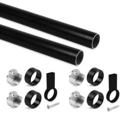 Emuca Lote de 2 barras para armario redonda D.28mm de longitud 1.15m con soportes, Aluminio y Zamak, Pintado negro