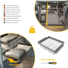 Emuca Kit de cajón de alambre y bastidor regulable Quartz para armarios, guías de cierre suave y extracción total, Módulo 70cm, Acabado Titanio - Ítem6