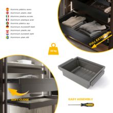 Emuca Kit de cajón metálico y bastidor regulable Quartz para armarios, guías de cierre suave y extracción total, Módulo 70cm, Acabado Titanio - Ítem6