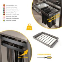 Emuca Kit de pantalonero de 7 varillas y bastidor regulable Quartz para armarios, guías de cierre suave y extracción total, Módulo 80cm, Acabado Titanio - Ítem6