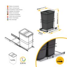 Emuca Contenedor de reciclaje para fijación inferior y extracción manual en mueble de cocina Recycle 35litros, Plástico gris antracita - Ítem3