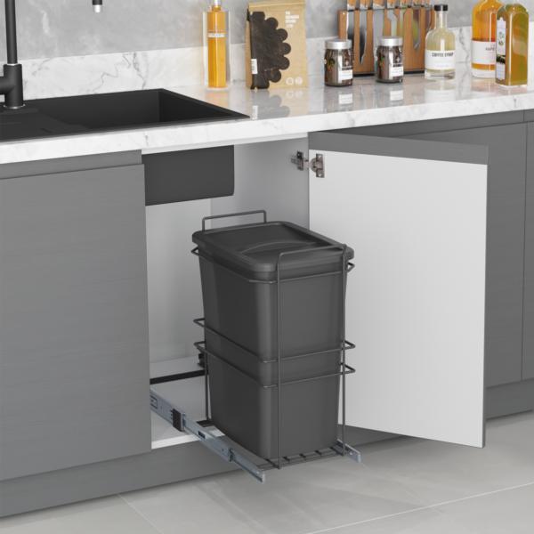 Emuca Contenedor de reciclaje para fijación inferior y extracción manual en mueble de cocina Recycle 35litros, Plástico gris antracita