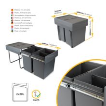 Emuca Contenedor de reciclaje para fijación inferior y extracción manual en mueble de cocina Recycle 2x20litros, Plástico gris antracita - Ítem3