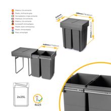 Emuca Contenedor de reciclaje para fijación inferior y extracción manual en mueble de cocina Recycle 2x25litros, Plástico gris antracita - Ítem4