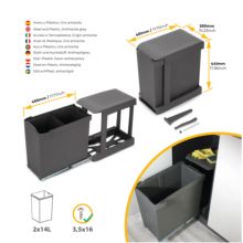 Emuca Poubelles de recyclage pour la cuisine, 2 x 14L, fixation inférieure et extraction automatique, Acier et Plastique, Gris antracite - Item4