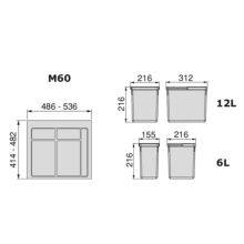 Emuca Kit poubelle de tri sélectif pour tiroir de cuisine avec socle Recycle hauteur 216mm, 1x12litres, 2x6litres, module 600mm, Plastique gris anthracite - Item5