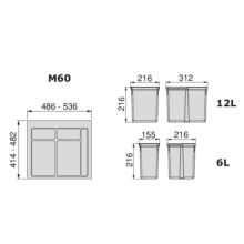 Emuca Kit poubelle de tri sélectif pour tiroir de cuisine avec socle Recycle hauteur 216mm, 1x12litres, 2x6litres, module 600mm, Plastique gris anthracite - Item2