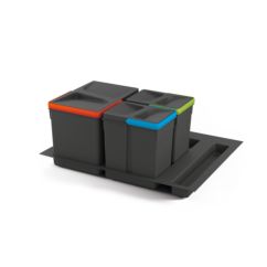Emuca Kit poubelle de tri sélectif pour tiroir de cuisine avec socle Recycle hauteur 216mm, 1x12litres, 2x6litres, module 600mm, Plastique gris anthracite - Item