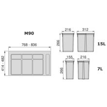 Emuca Kit de poubelles, 15 L + 15 L + 7 L + 7 L, module 900 mm, Plastique, Gris anthracite, 3 ut. + Base - Item3