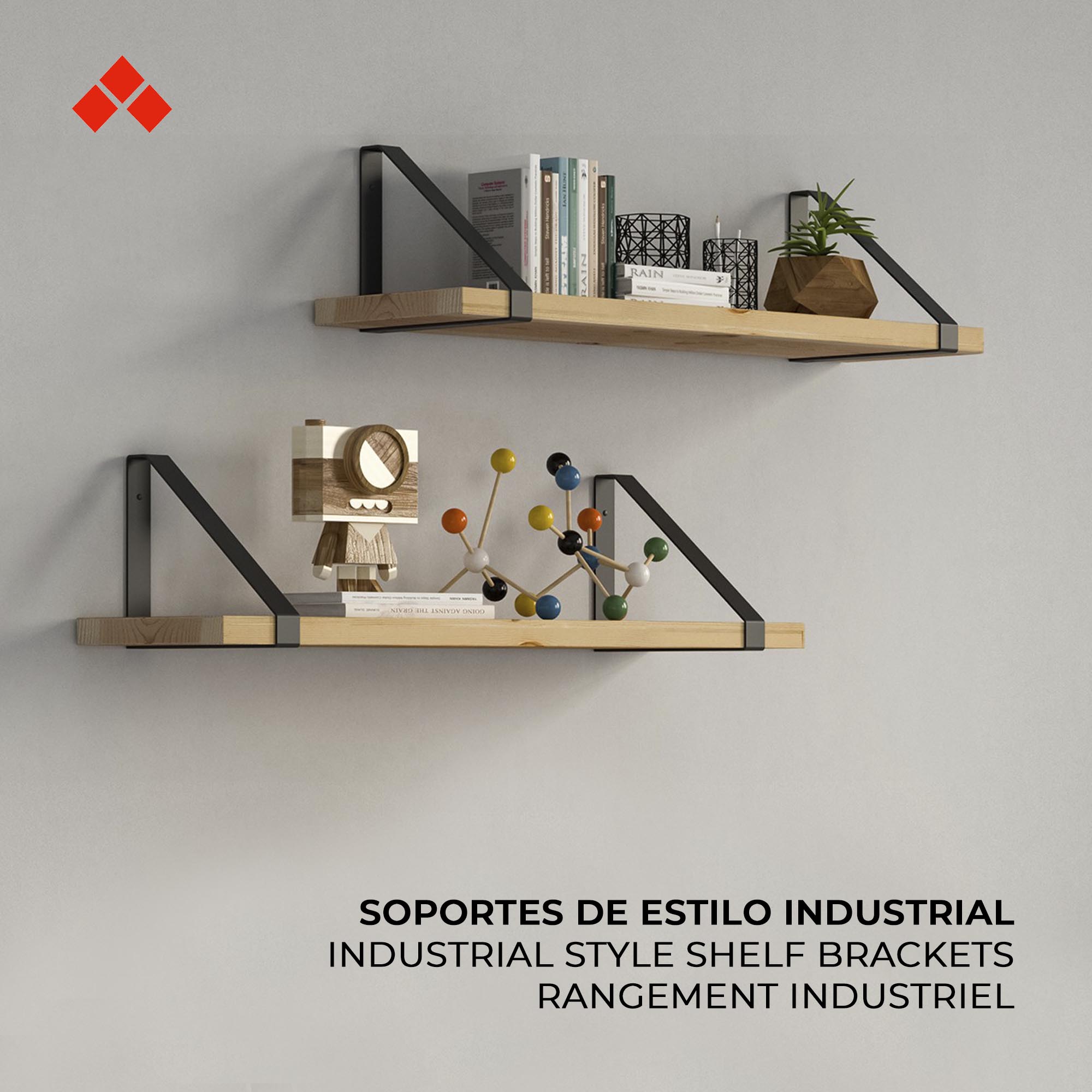 Support d'étagère | Style décoratif | Fabriqué en acier | Fini gris forge | Mesures 20*199*199mm | Système de fixation | 1 unité - Item1