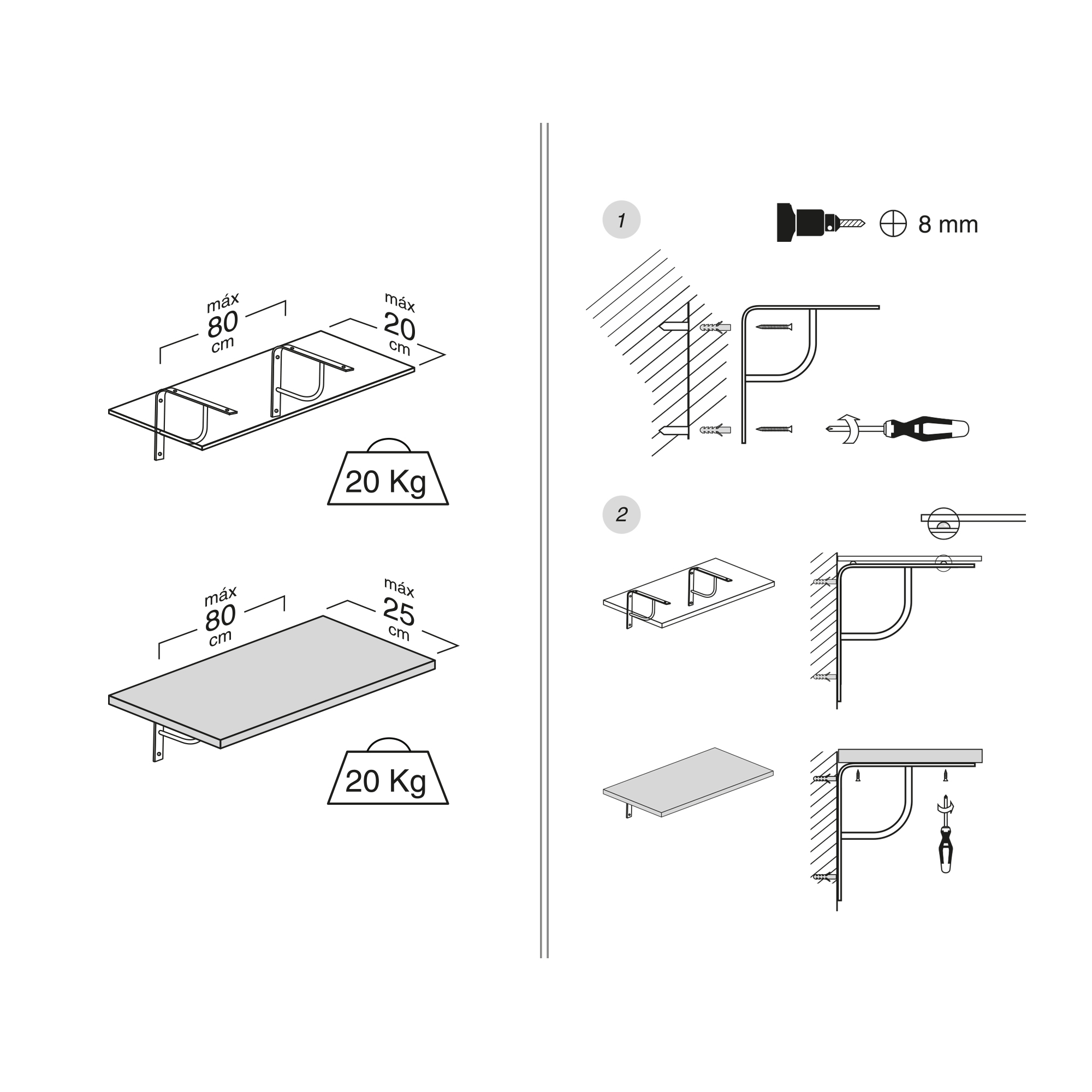 Support d'étagère en acier blanc Mesures 20*150*150mm | Système de fixation | 1 unité - Item1