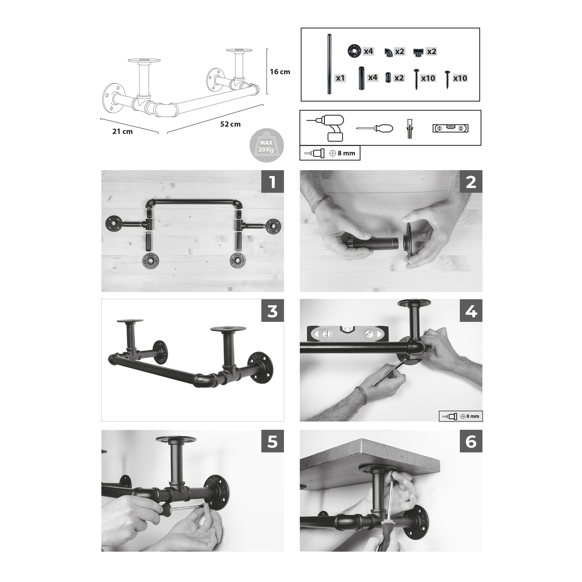 Escuadra para Estantería | Estilo Decorativo | Fabricado en Acero | Acabado en Negro Mate | Medidas 530*165*215 mm | Sistema de Fijación Atornillado | 1 Unidad - Ítem1