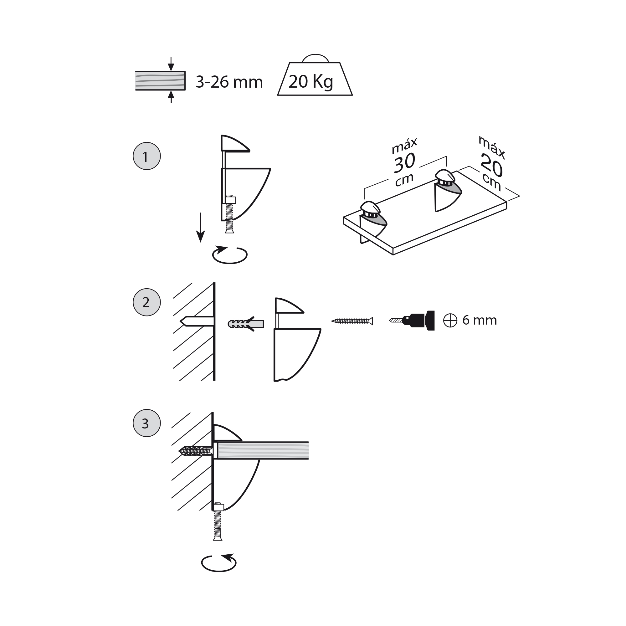 Soporte Regulable para Baldas de Cristal y Madera | Fabricado en Zamak | Acabado en Cromo Mate Líquido | Para Baldas con Espesores de 3-26 mm | Medidas 43*67*40 mm | Sistema de Fijación Atornillado | 2 Unidades - Ítem1