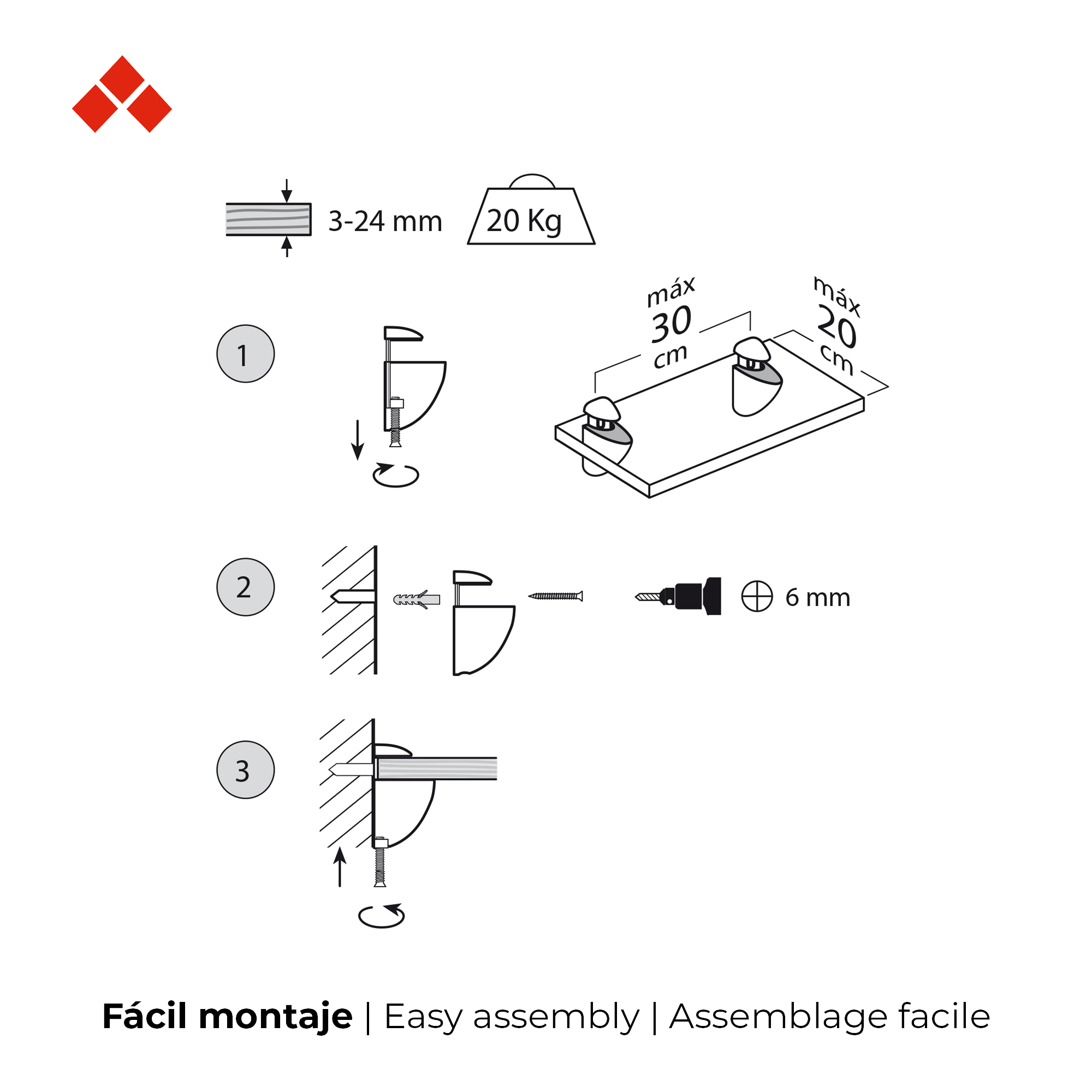 Soporte Regulable para Baldas de Cristal y Madera | Fabricado en Zamak | Acabado en Negro | Para Baldas con Espesores de 3-24 mm | Medidas 25*55*40 mm | Sistema de Fijación Atornillado | 2 Unidades - Ítem1