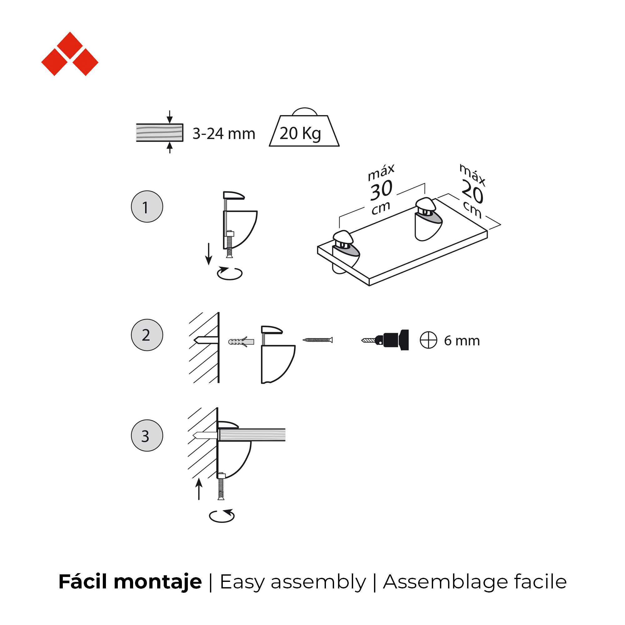 Support réglable pour étagères en verre et bois | Fabriqué en Zamac | Fini nickel satiné | Pour étagères d'une épaisseur de 3 à 24 mm | Mesures 25*55*40mm | Système de fixation vissé | 2 unités - Item1