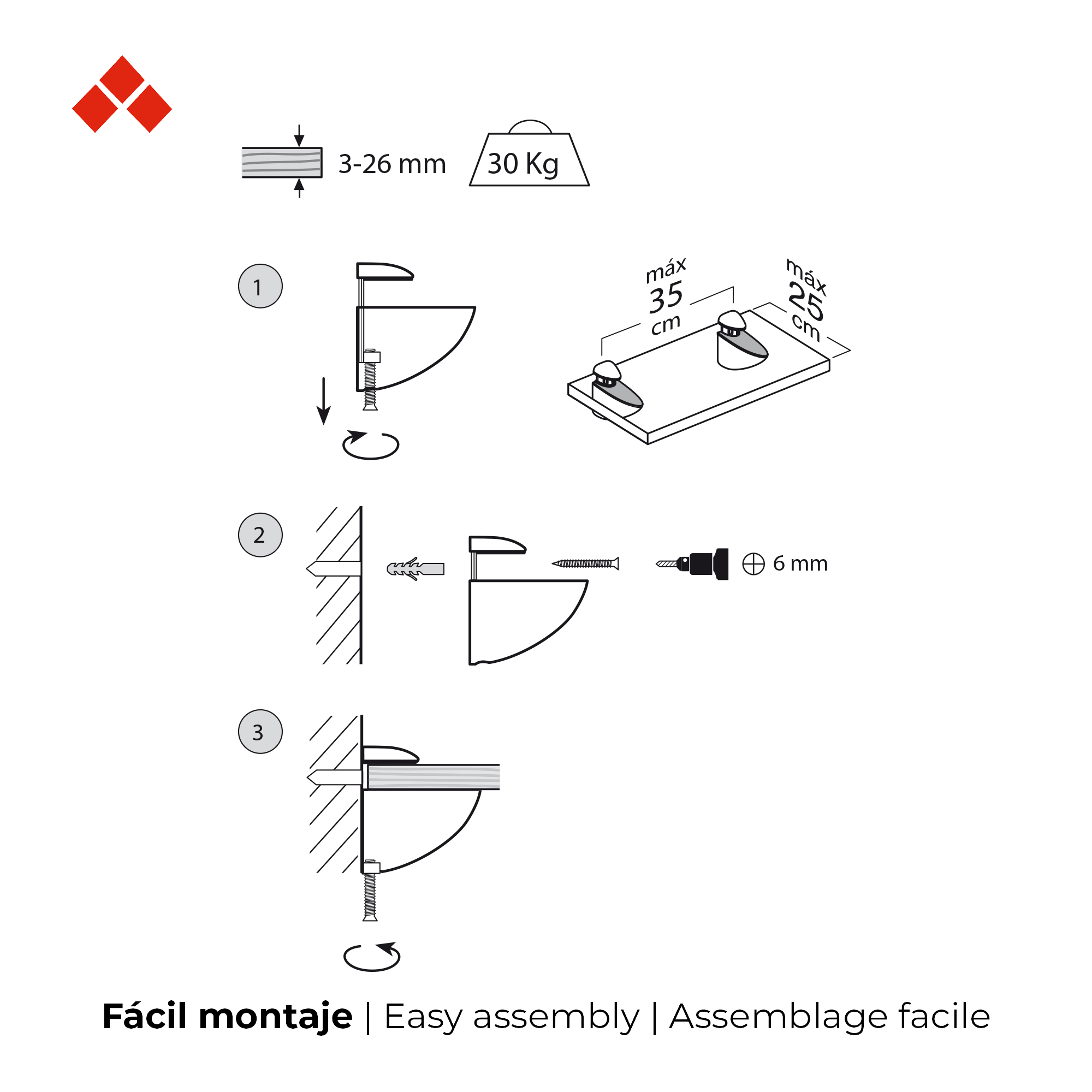 Soporte Regulable para Baldas de Cristal y Madera | Fabricado en Zamak | Acabado en Negro | Para Baldas con Espesores de 3-26 mm | Medidas 26*60*70 mm | Sistema de Fijación | 2 Unidades - Ítem1