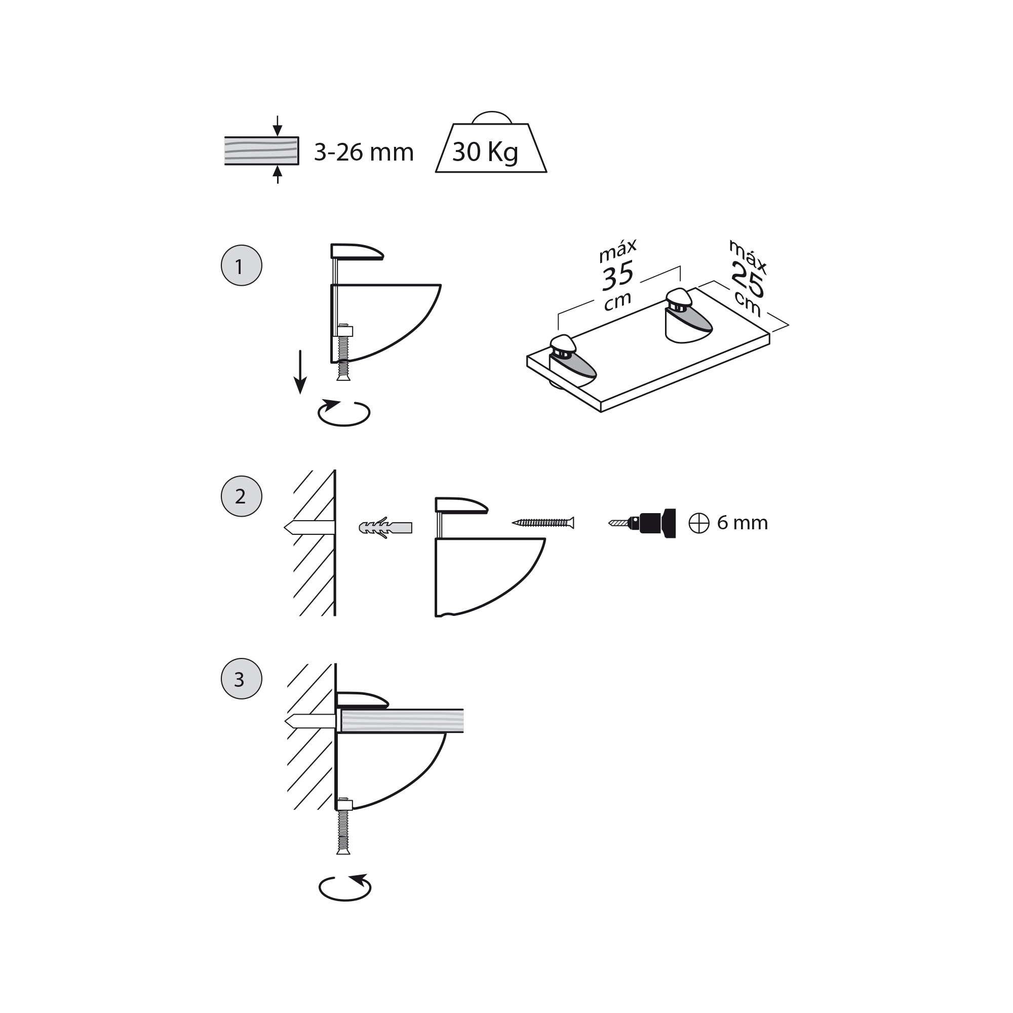 Soporte para Baldas de Cristal y Madera | Fabricado en Zamak | Acabado en Níquel Mate Líquido | Para Baldas con Espesores de 3-26 mm | Medidas 26*60*70 mm | Sistema de Fijación Atornillado | 2 Unidades - Ítem1