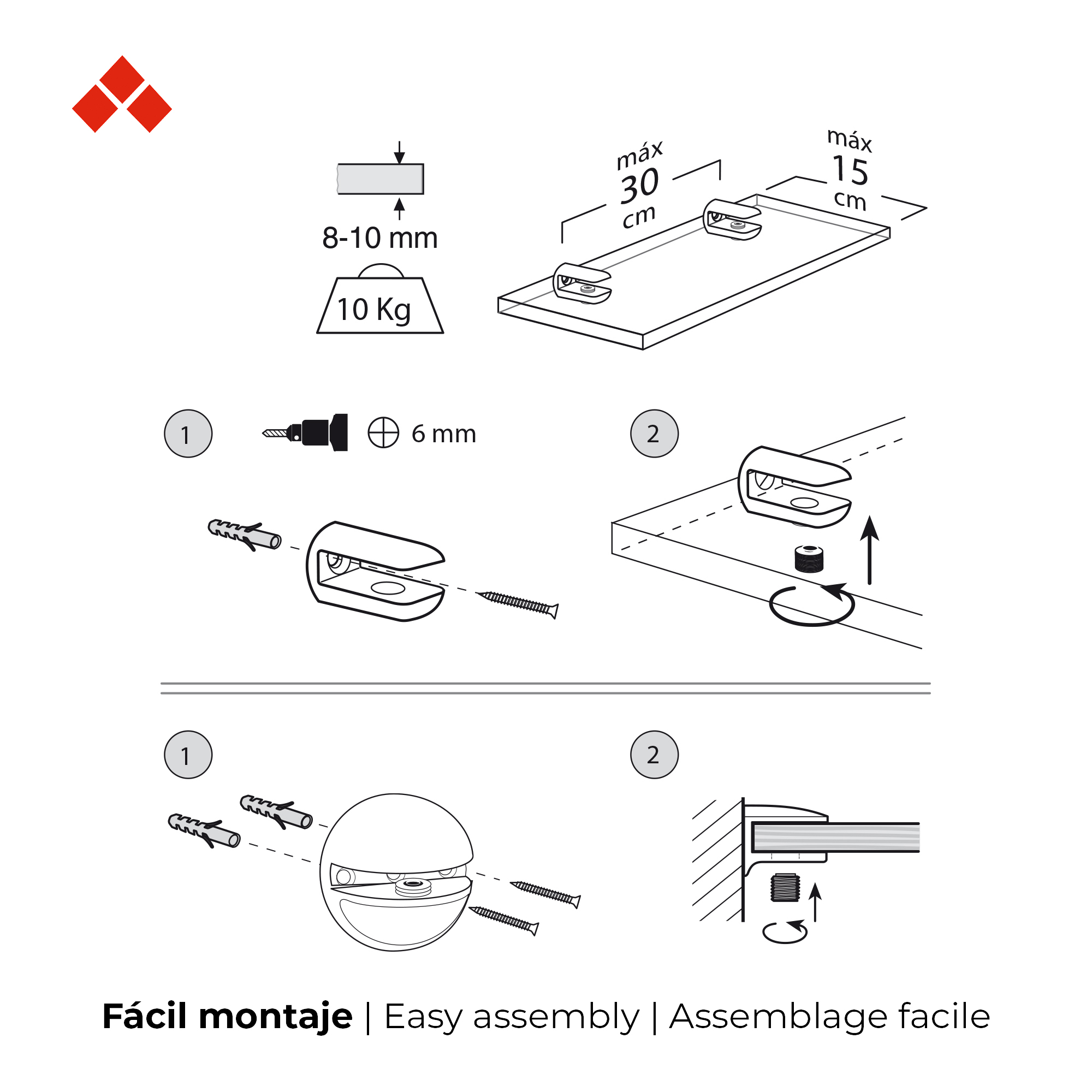 Soporte Fijo para Baldas de Cristal y Madera | Fabricado en Zamak | Acabado en Cromo Mate L¡quido | Para Baldas con Espesores de mm | Medidas 40*40*18 mm | Sistema de Fijación | 2 Unidades - Ítem1