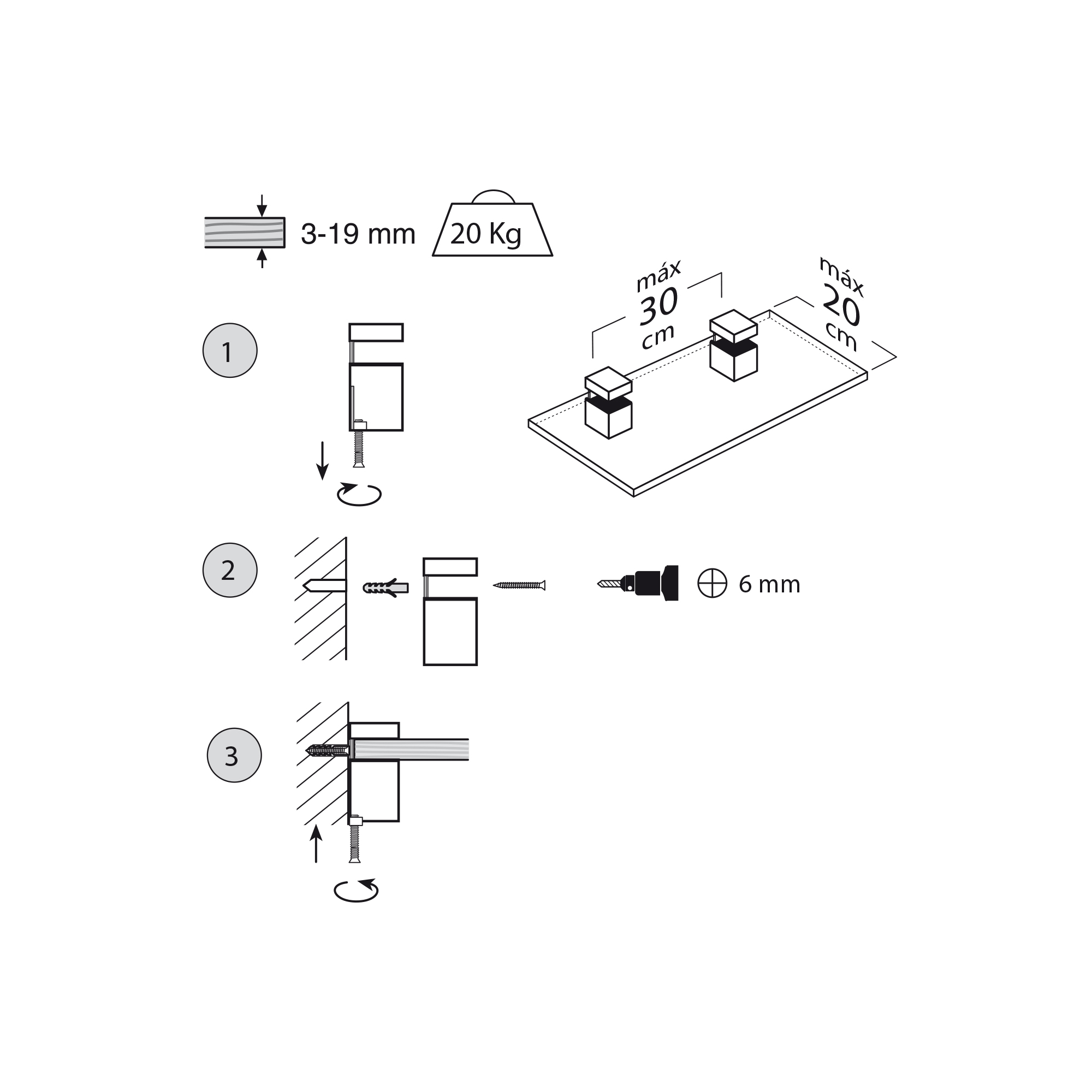 Soporte Regulable para Baldas de Cristal y Madera | Fabricado en Zamak | Acabado en Cromo Mate Líquido | Para Baldas con Espesores de 3-19 mm | Medidas 30*47*30 mm | Sistema de Fijación | 2 Unidades - Ítem1