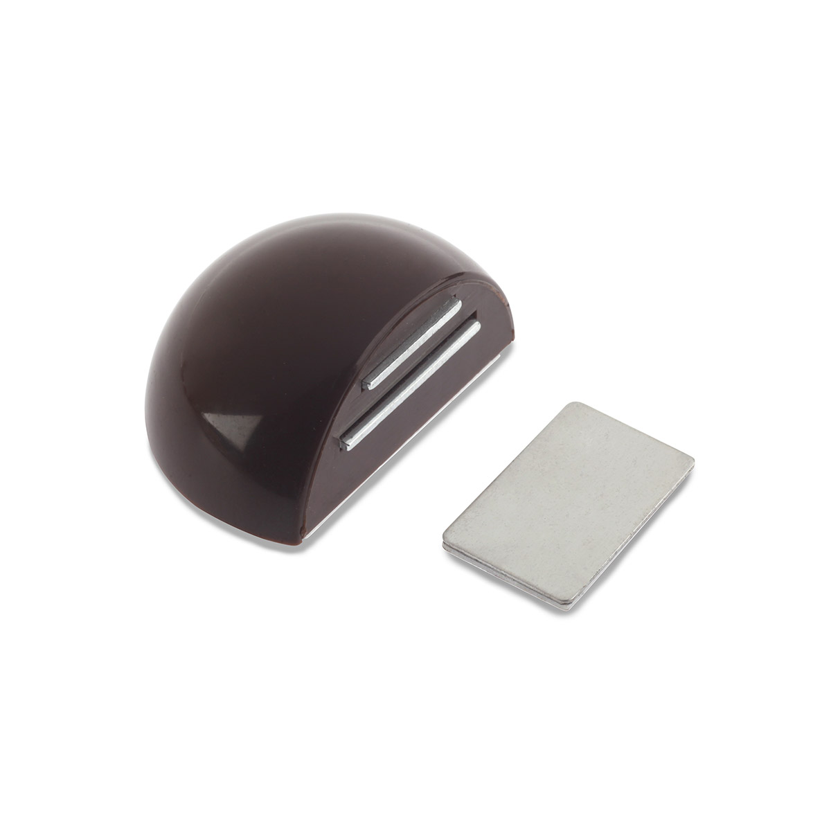 Retenedor de puerta con imán adhesivo con acabado marrón. Dimensiones: 51x39x26 mm
