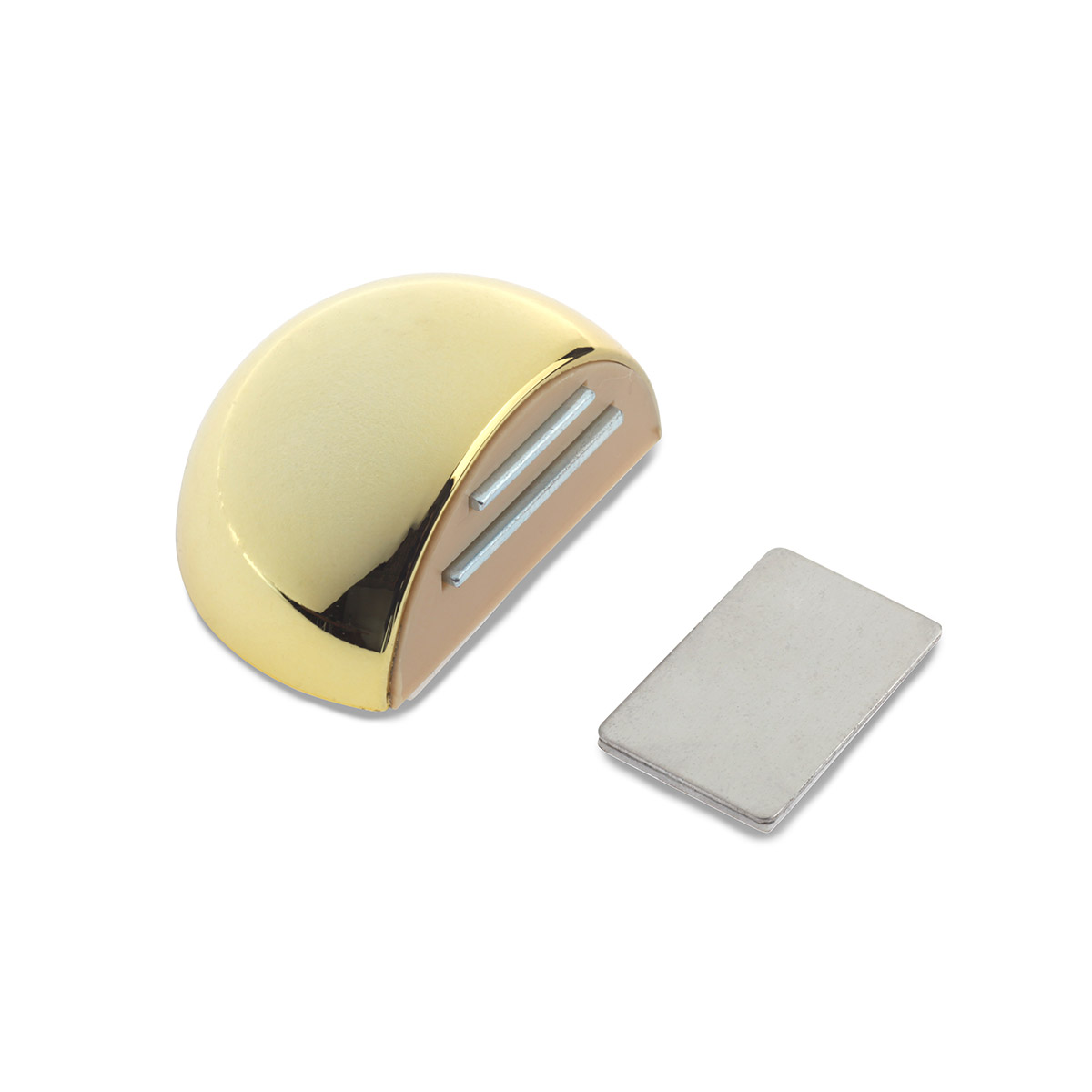 Retenedor de puerta con imán adhesivo con acabado oro. Dimensiones: 51x39x26 mm