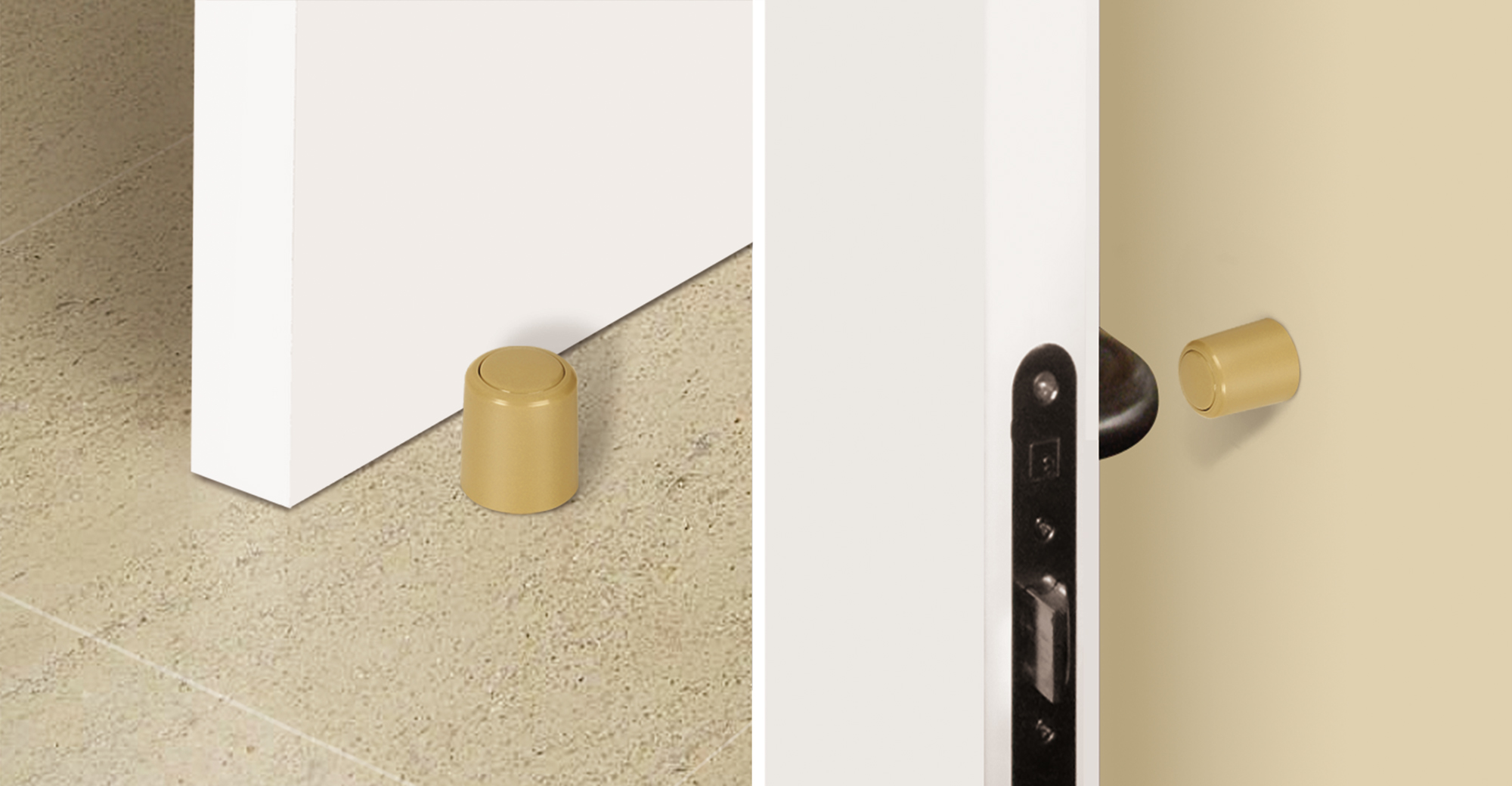 Butée de porte pour sol ou mur à visser avec finition beige. Dimensions: 28x28x34 mm - Item1