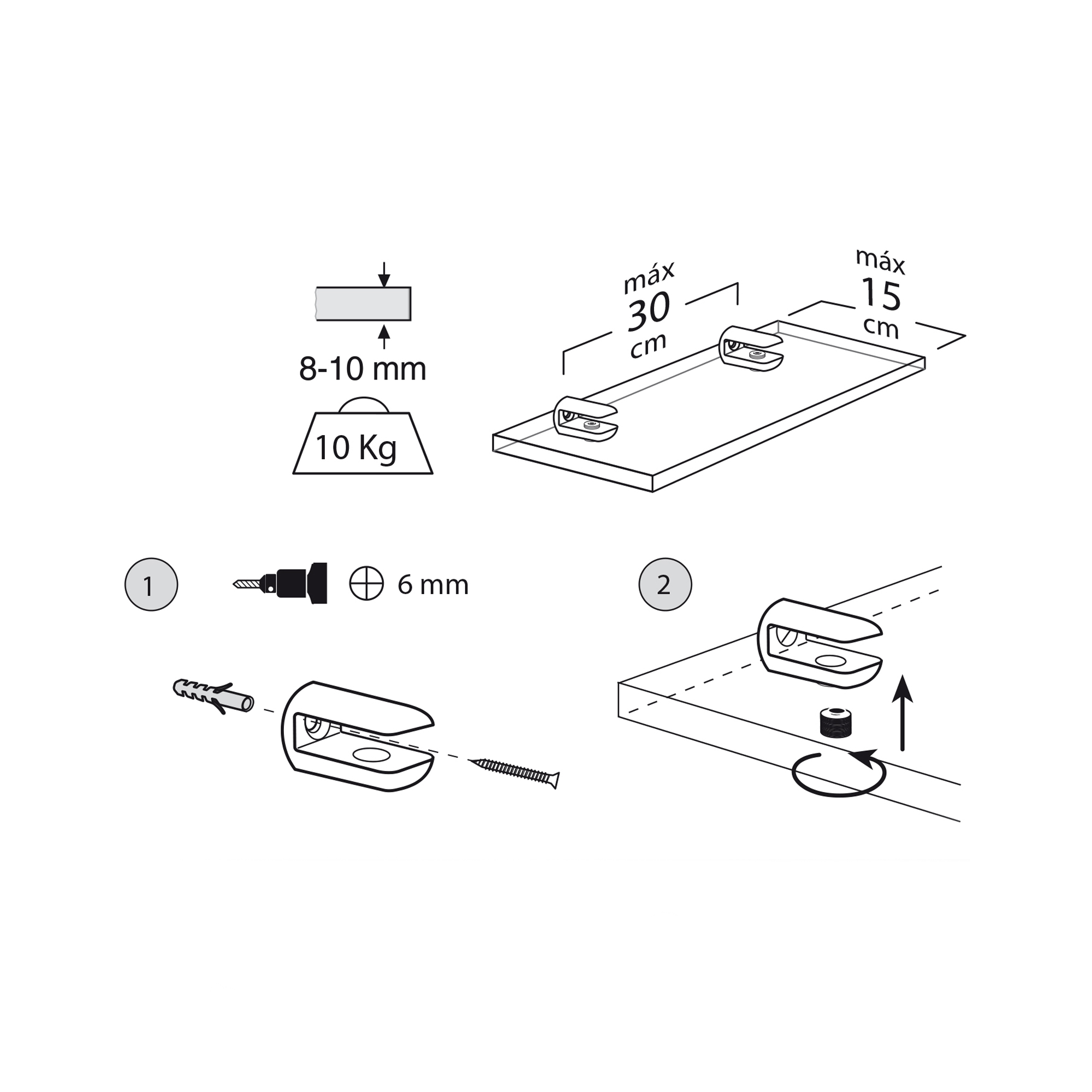 Support fixe pour étagères en verre et bois | Fabriqué en Zamac | Fini chromé mat liquide | Pour étagères d'une épaisseur de 8 à 10 mm | Mesures 20*20*24mm | Système de fixation vissé | 1 unité - Item1
