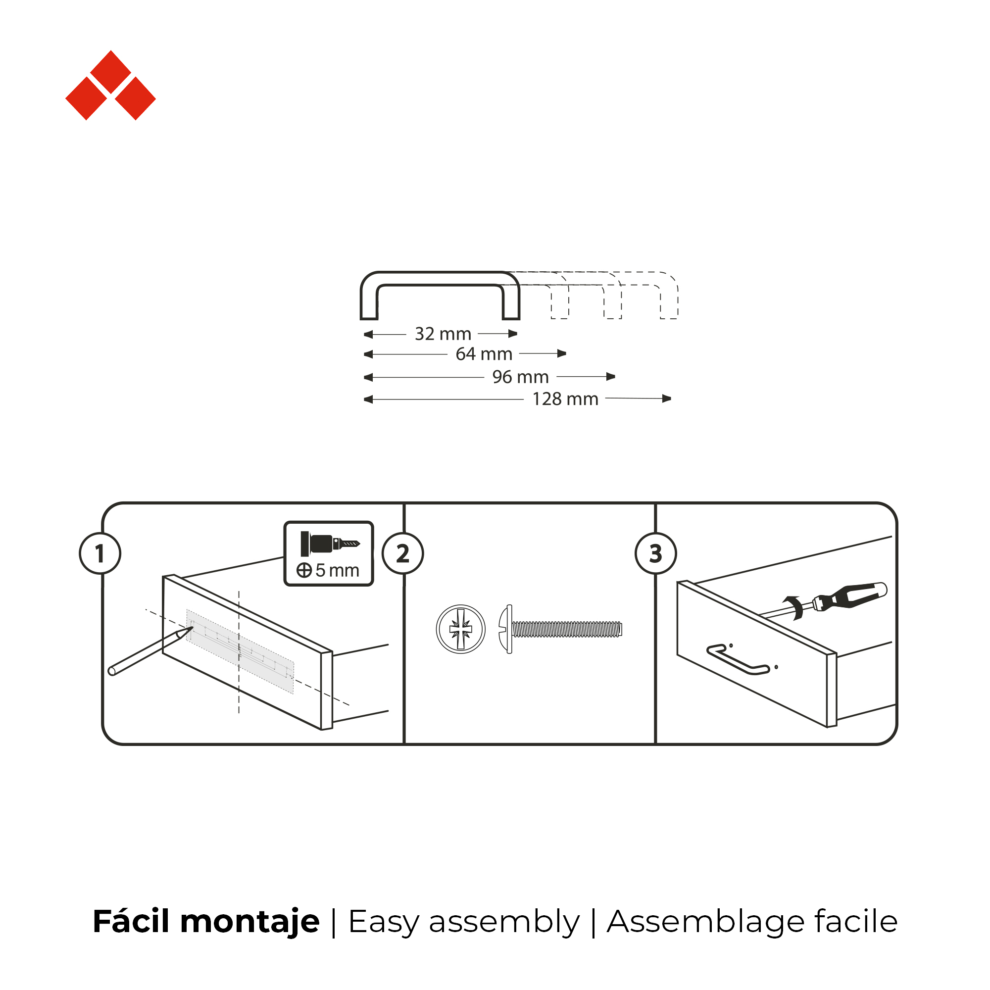 Tirador de Asa para Mueble en Acero Inox Acabado en Aluminio | Distancia Entrepuntos: 96 mm | Medidas 136*12*32 mm Incluye Tornillos M4 | 1 Unidad - Ítem1