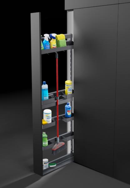 Columna de limpieza NEO SYSTEM para módulo 150mm, equipada con 5 cestos, guías sincronizadas y cierre suave. Acabado Grafito.