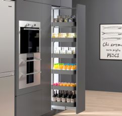 Colonne extractible NEO SYSTEM pour meuble de cuisine, avec 4 paniers, coulisses synchronisées et fermeture amortie. Finition Graphite. Hauteur reglable 1250/1570mm.